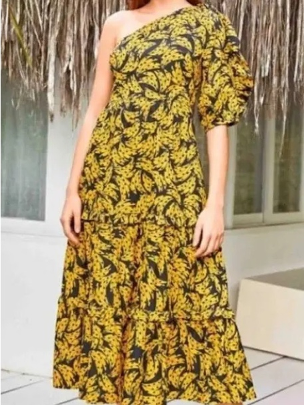 FARM Rio Banana Print One Shoulder Ruffle Maxi Dress